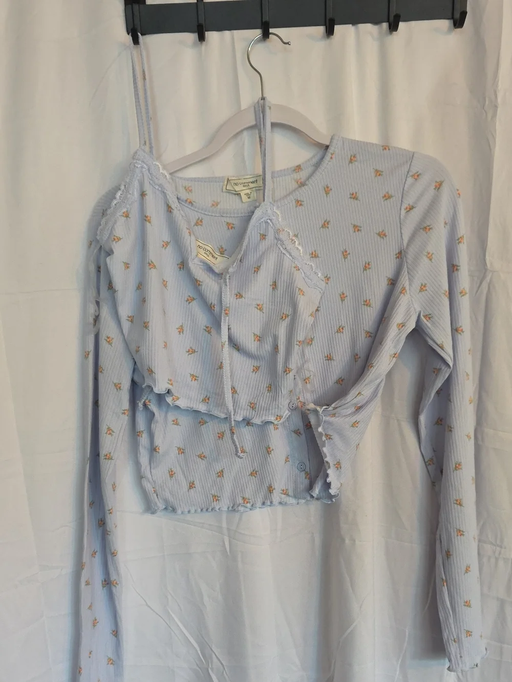 Reformation Pastel Blue Floral Ribbed Lace-Trim Camisole & Button Top Set
